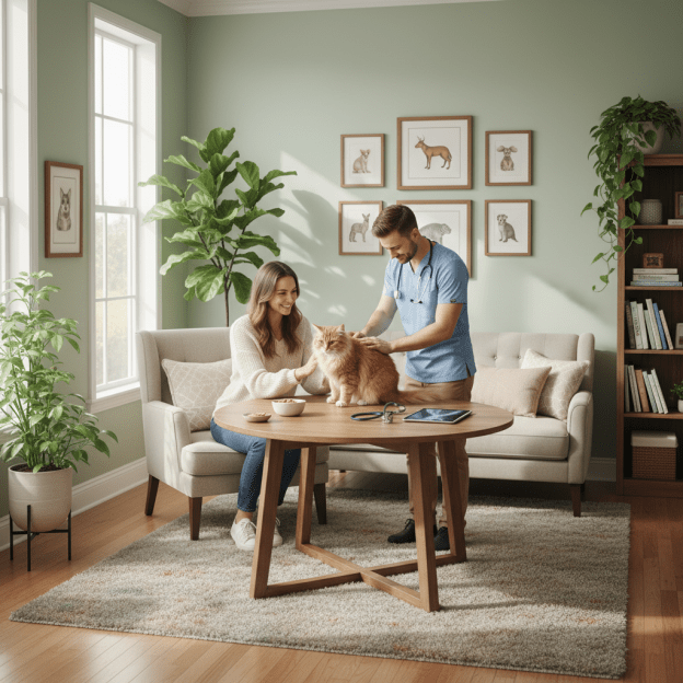 A veterinarian examines a ginger cat on a table while the owner watches.